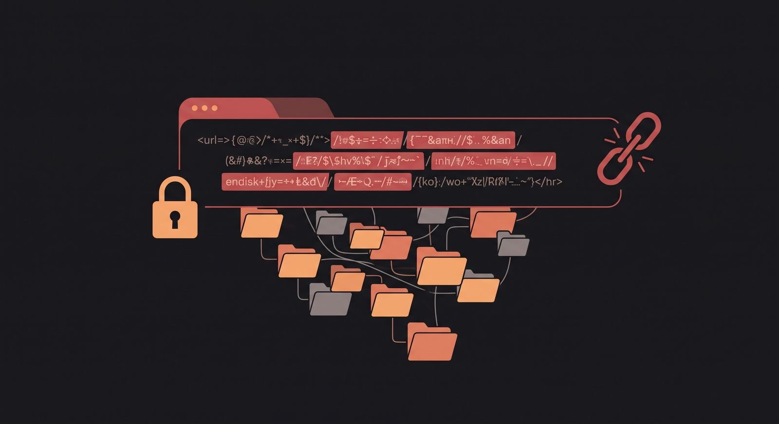 Messy URL bar with red highlighted segments, tangled folder chain, and a broken link icon in red and orange