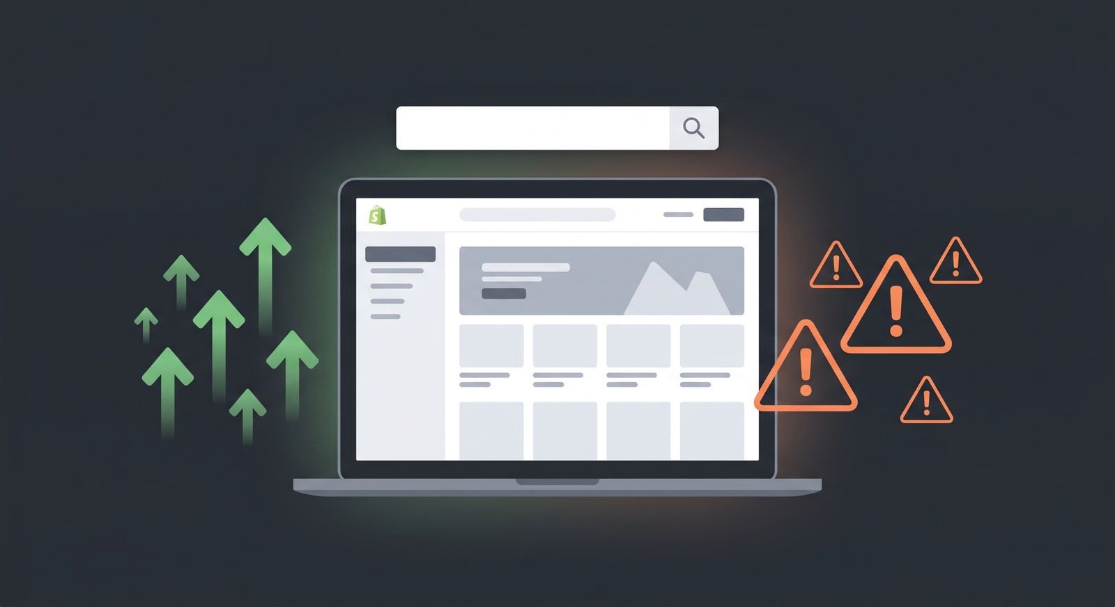 Shopify storefront on a laptop with green growth arrows on the left and orange warning triangles on the right