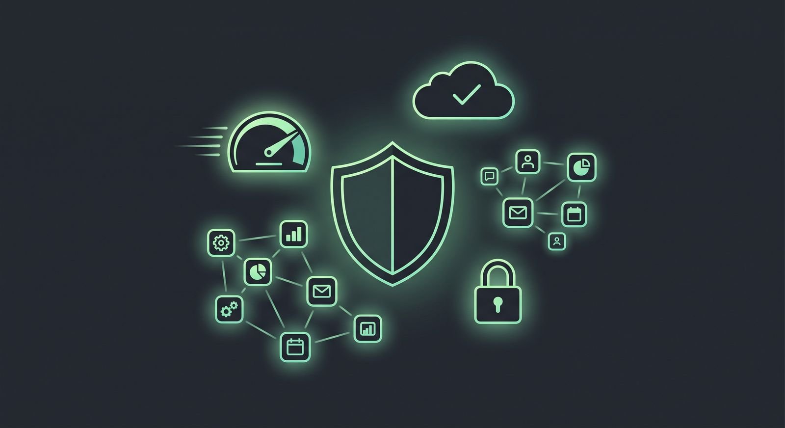 Shield icon, speed gauge, lock symbol, and connected app icons glowing in green on a dark background