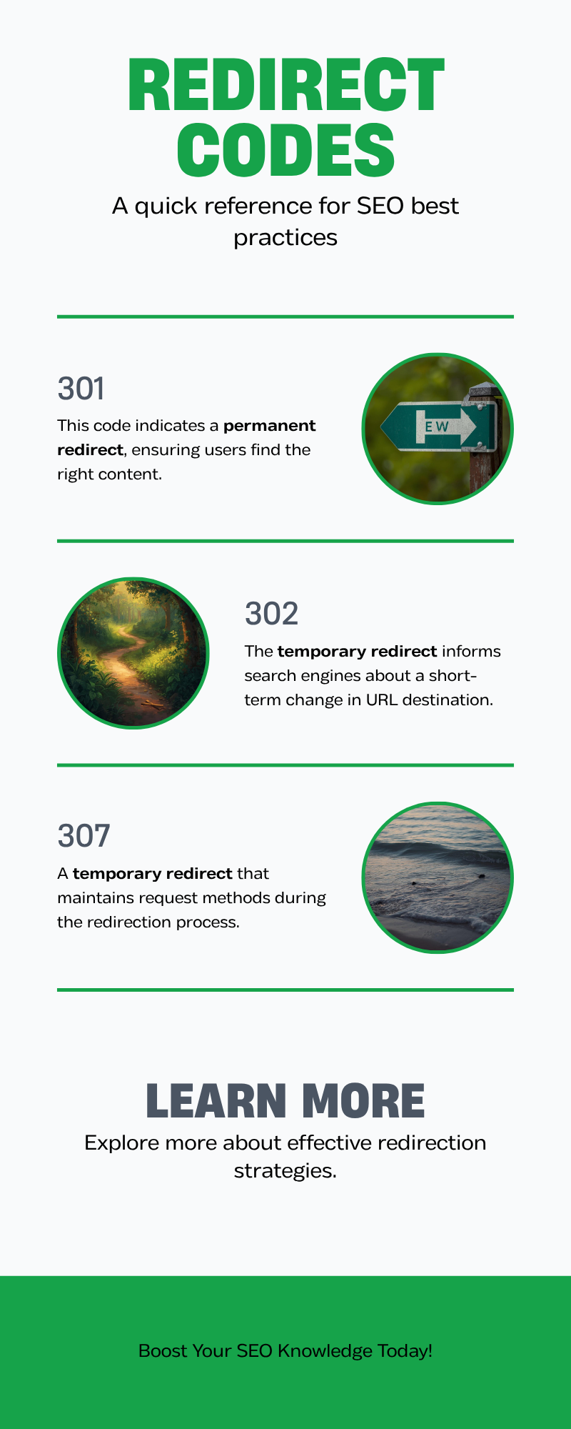 3XX Redirect Codes reference chart showing 301, 302, and 307 status codes with descriptions - seoisalive.com